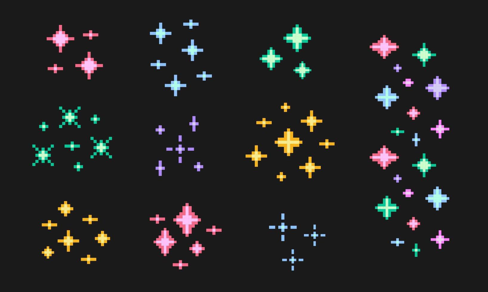 Colorful pixelated 8 bit sparkles symbols . Set of l stars sparkle icon. Multicolor firework, decoration twinkle, shiny flash. vector