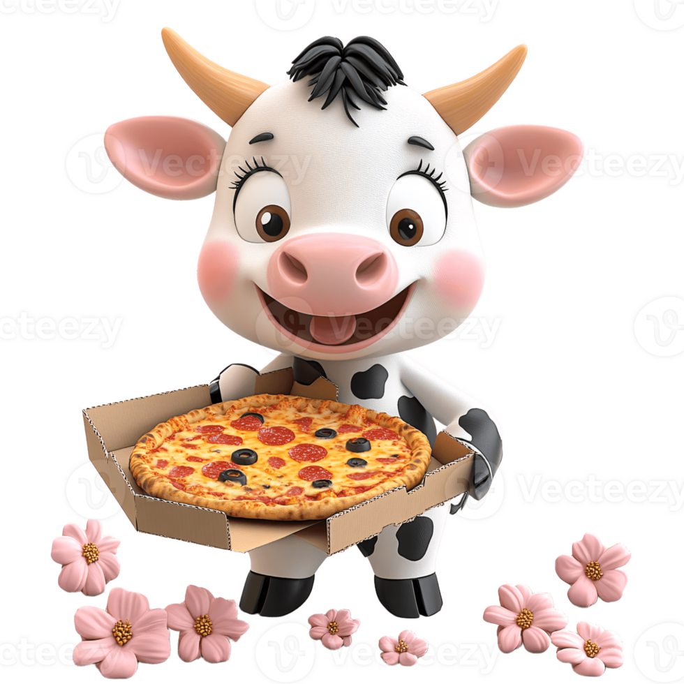 Cute Cartoon Cow Holding Pizza with Flowers 3D Render png