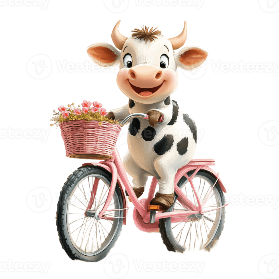 Happy Cow Riding Pink Bicycle with Flowers in Basket png