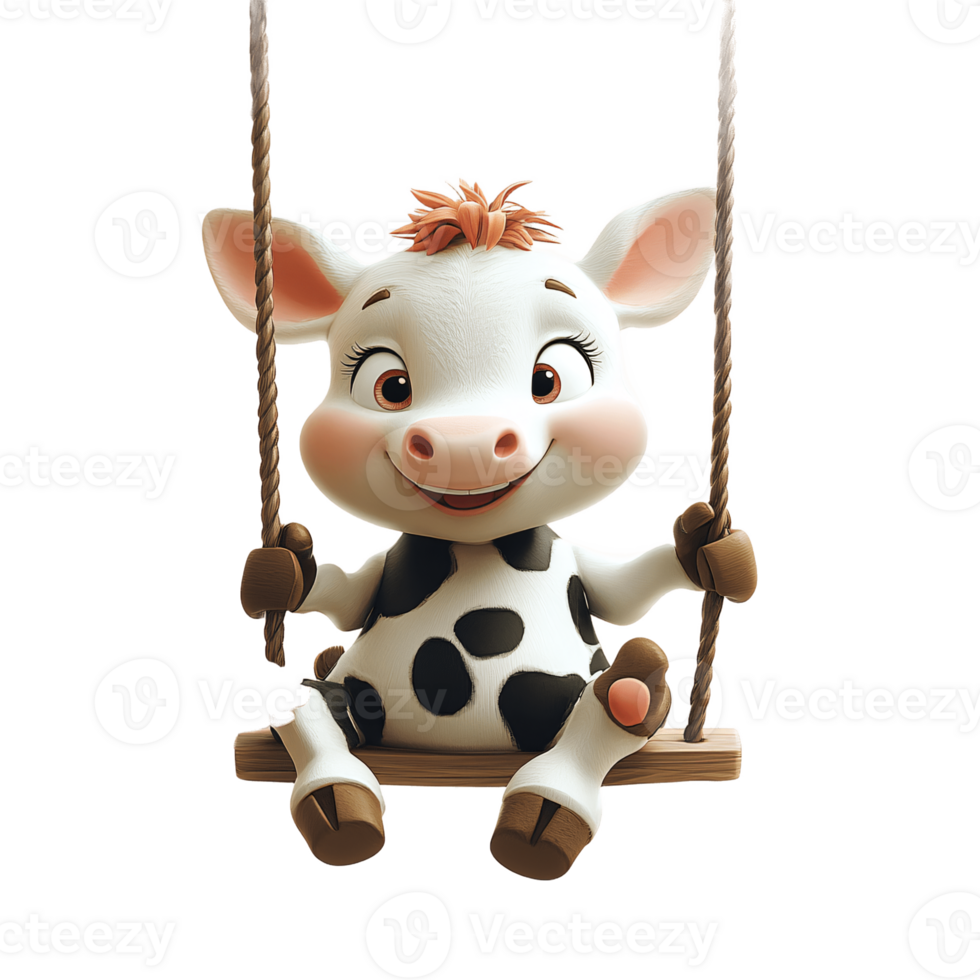Cute Cartoon Cow on a Swing 3D Render Childrens Illustration Farm Animal Playful png