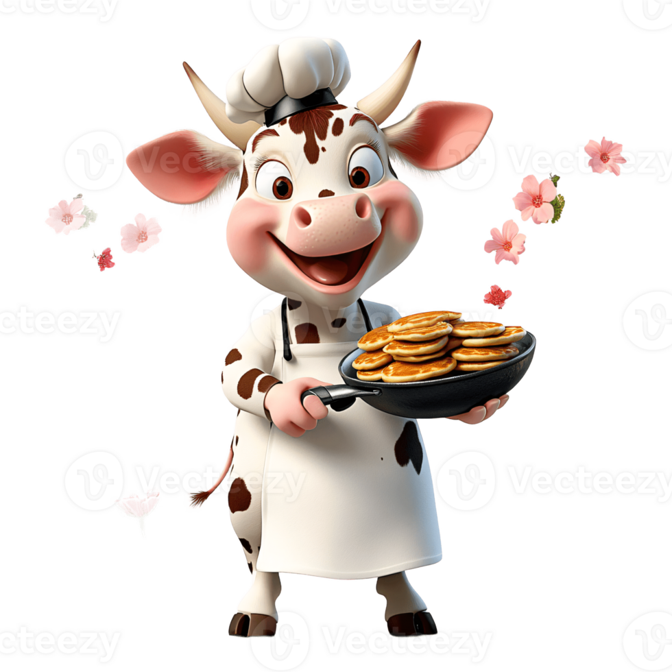 Happy Cow Chef Holding Pancakes with Pink Flowers png