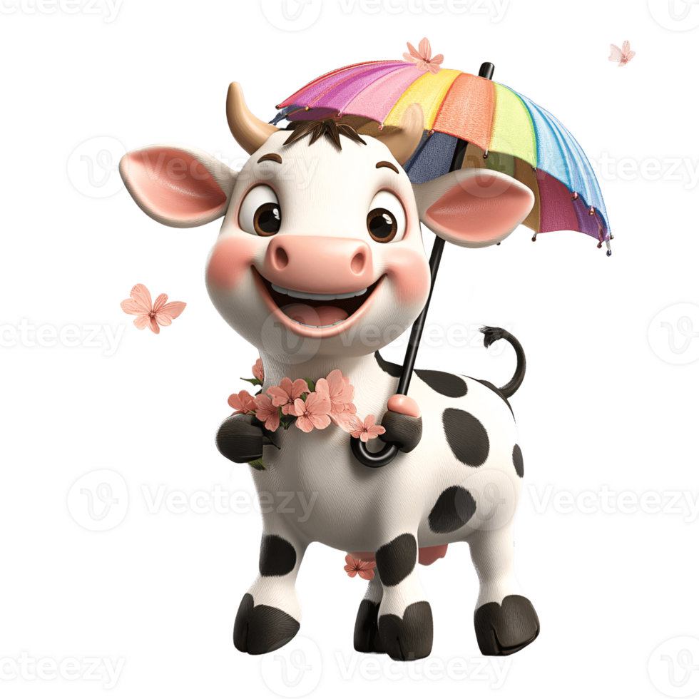 Cute Cartoon Cow Holding Umbrella and Flowers png