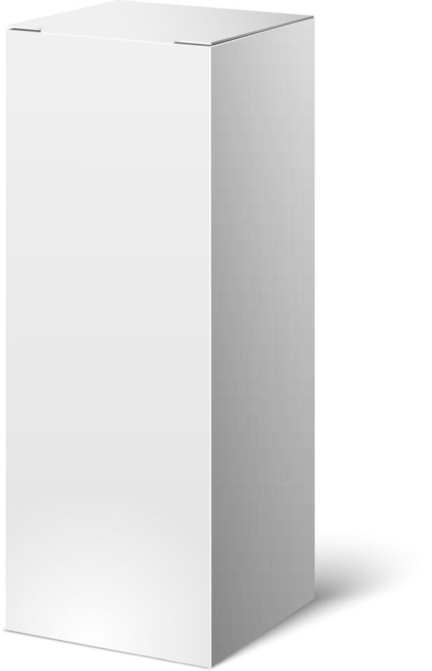 Closed vertical white cardboard box packaging mockup casting shadow on white background vector