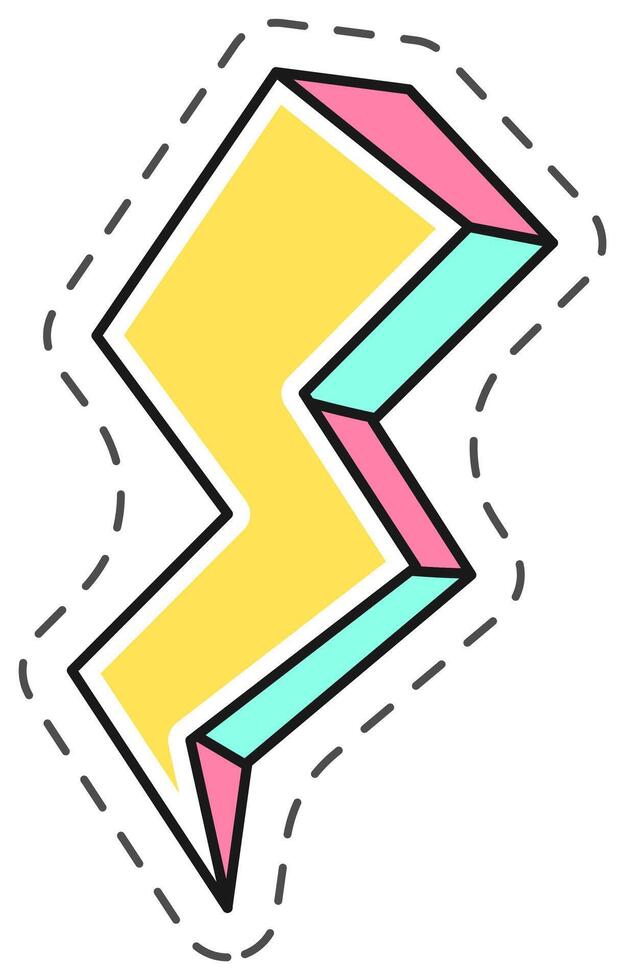 Lightning bolt with dashed line following its shape, colored in pastel yellow, pink and light blue, is flashing over white background vector