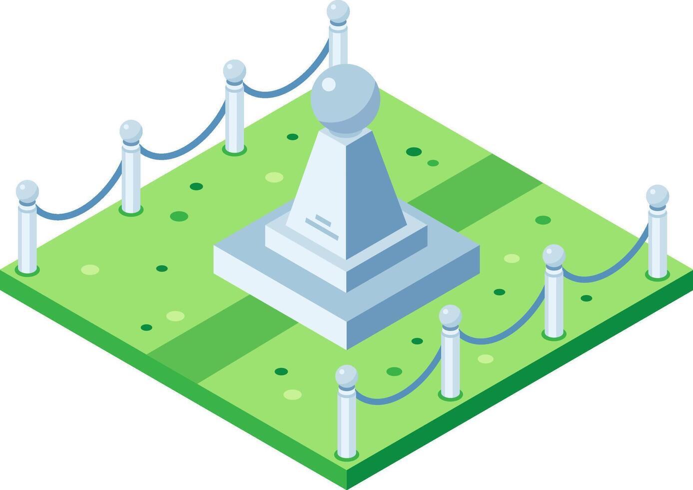 Monument with sphere on top standing in green park surrounded by rope fence, isometric view vector