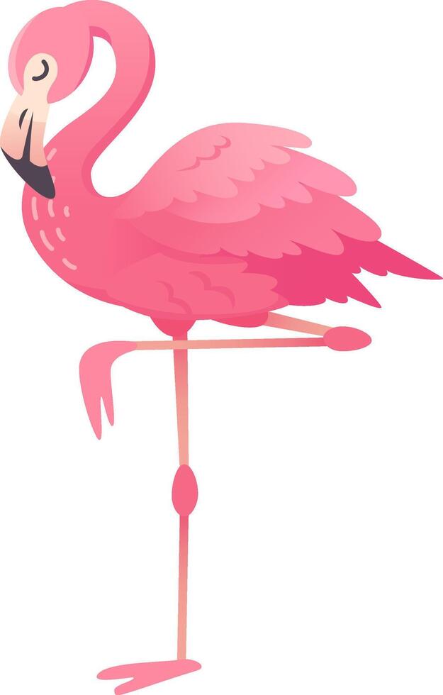 Graceful pink flamingo standing on one leg in tropical setting, adding charm and cuteness to projects with vibrant minimalist design. Perfect for summer fun in greeting cards and social media vector