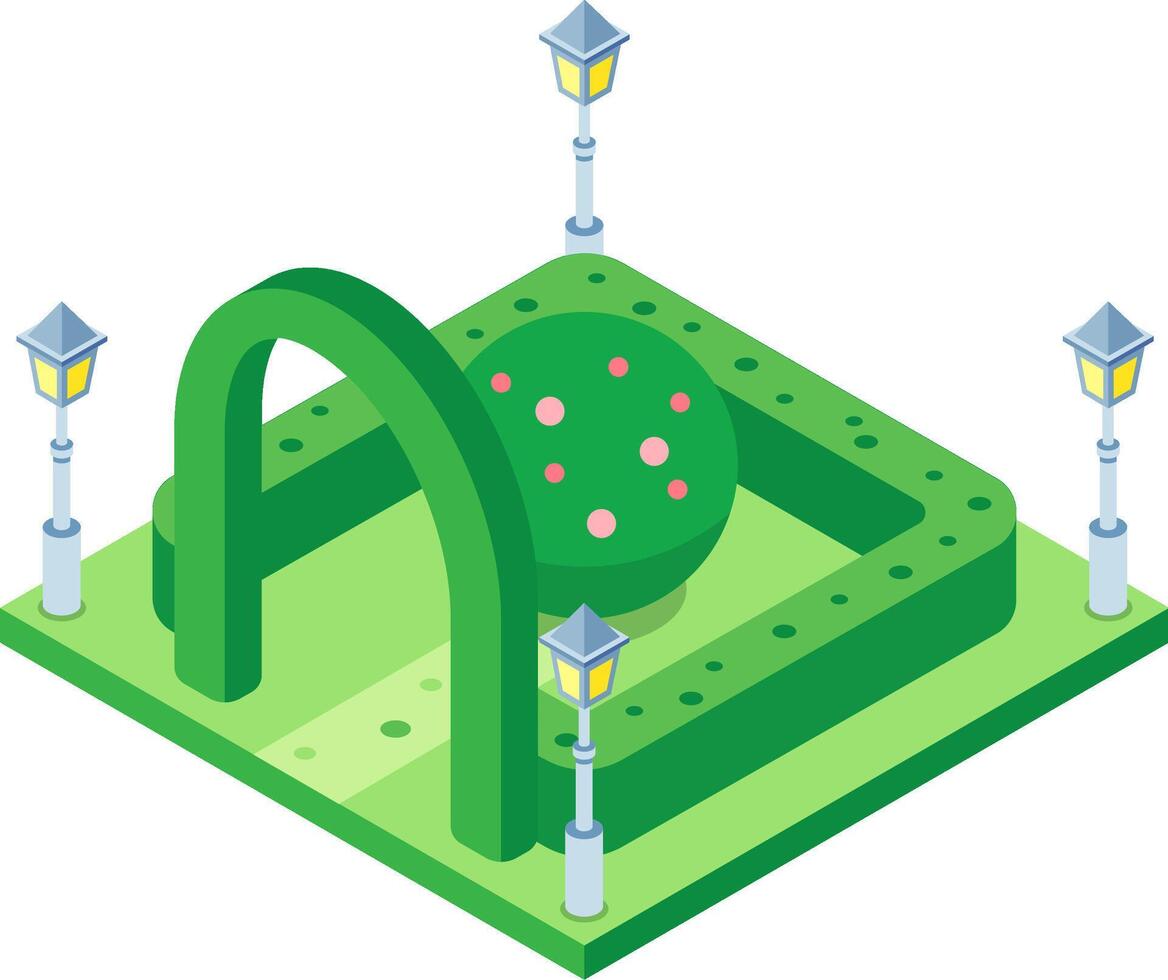 Isometric projection of a green city park featuring an arch, hedges, street lamps, and a central round topiary vector