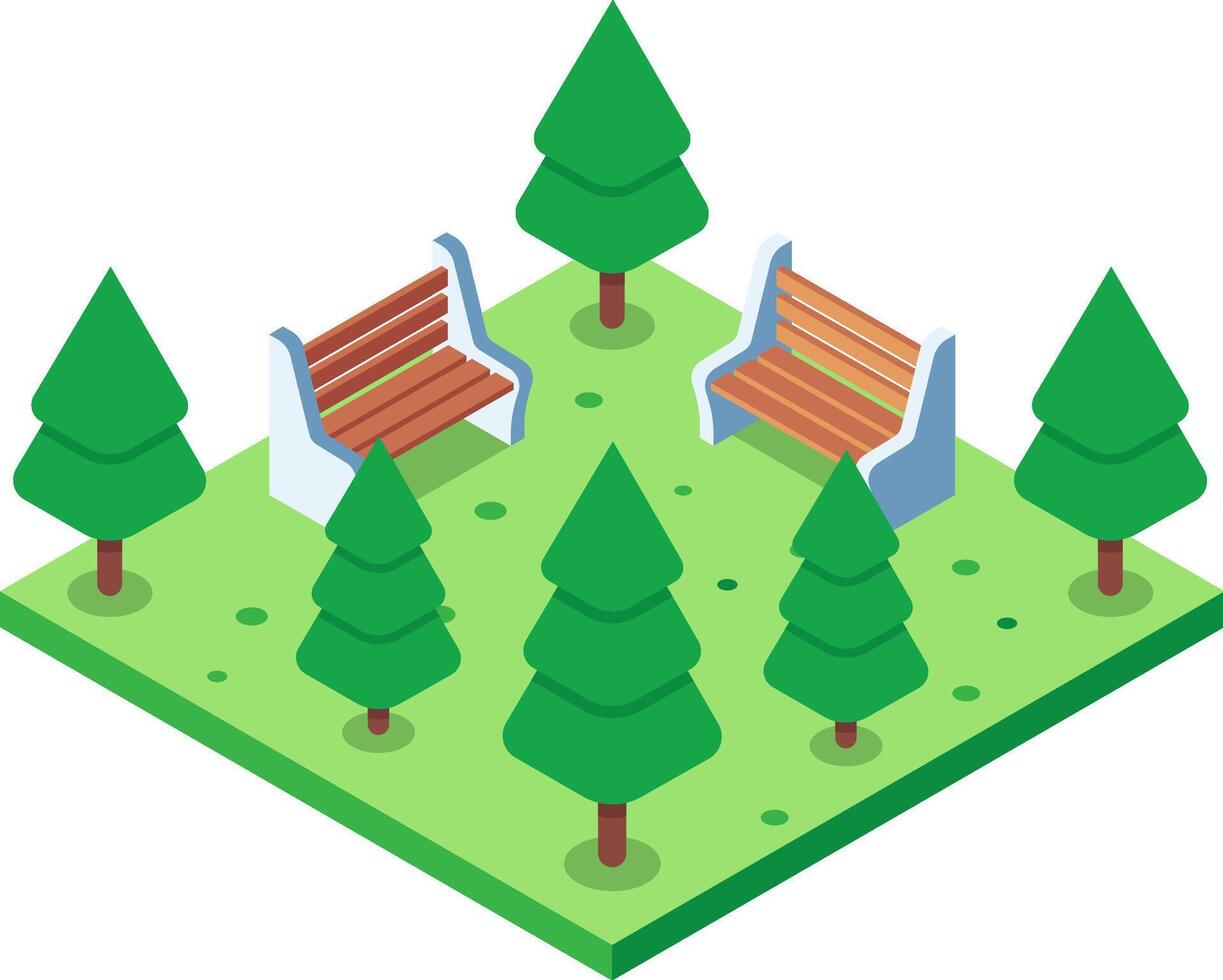 Isometric view of a peaceful green city park with two empty benches nestled among evergreen trees, offering a place for rest and relaxation vector