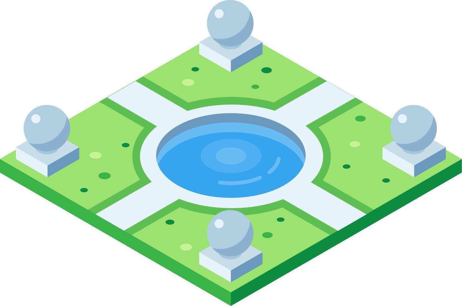 Isometric illustration of a city park featuring a pond, pathways, grass, and decorative spheres, ideal for urban planning and landscaping concepts vector