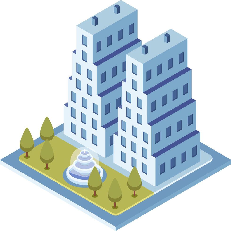 Isometric view of modern skyscrapers towering over a serene green area with a fountain, creating a harmonious urban landscape vector