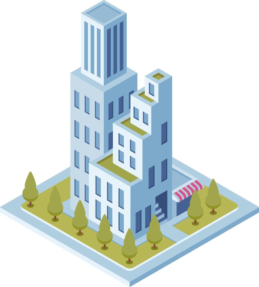 Isometric view of modern skyscraper and office buildings with green areas, representing urban development and sustainable architecture vector