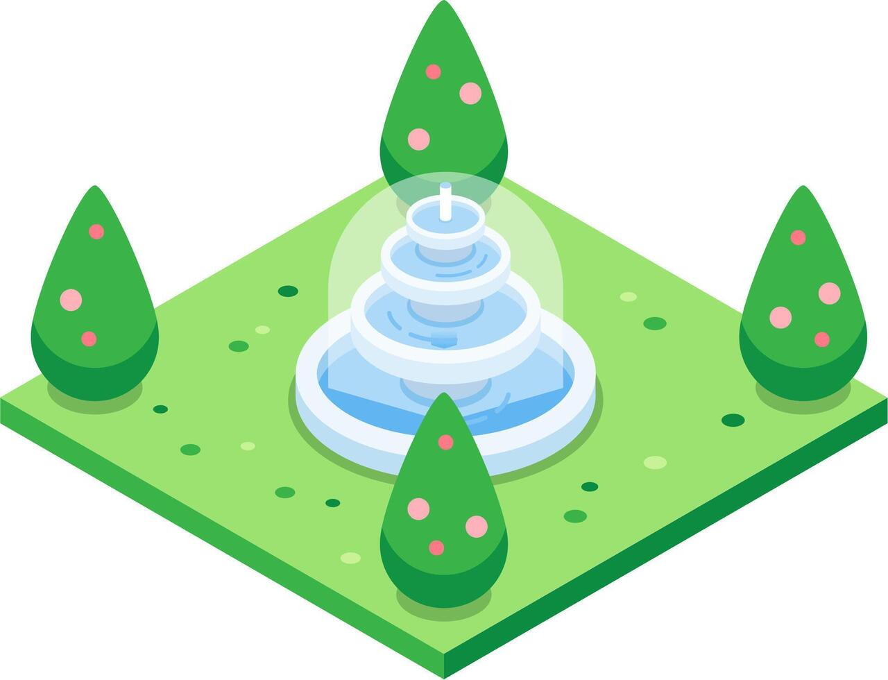 Relaxing isometric view of a tiered fountain cascading water, surrounded by manicured trees on a vibrant green lawn, creating a tranquil park scene vector