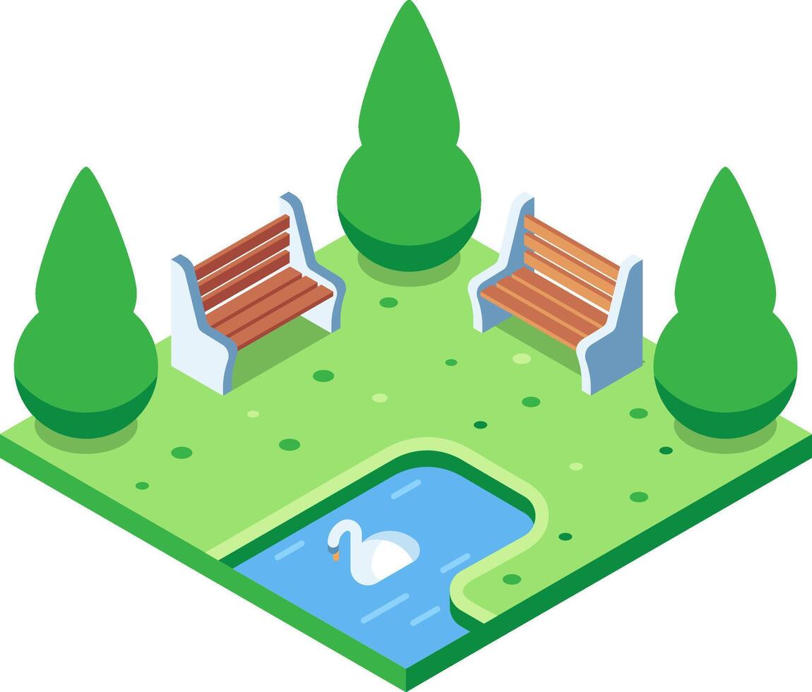 Isometric city park with benches, trees, green grass, and a swan swimming in a pond vector