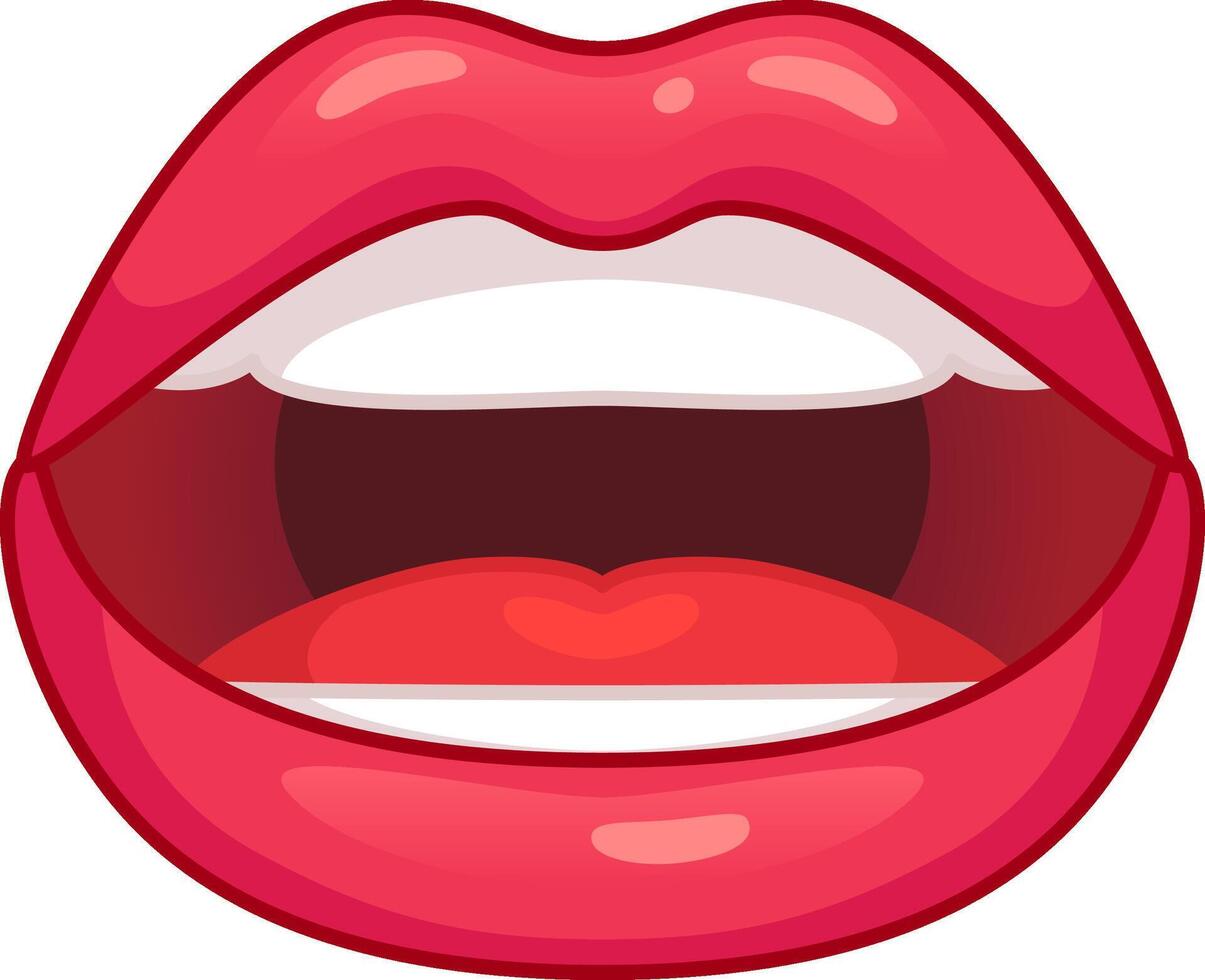 Glossy red lips slightly parted, showing teeth and tongue, expressing speech, singing, or surprise vector