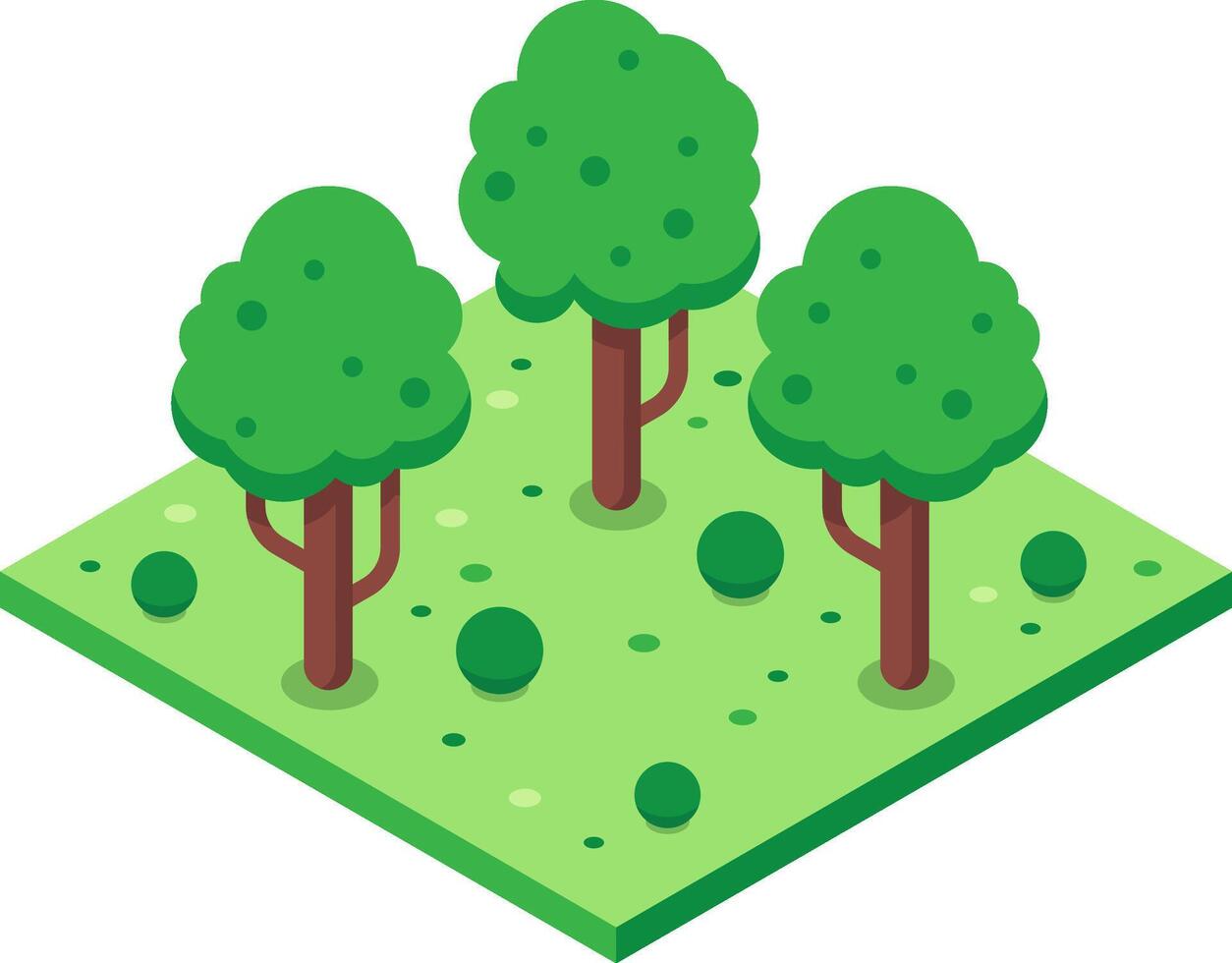 Isometric projection of three green trees growing on a green meadow with bushes represents a small forest or park vector