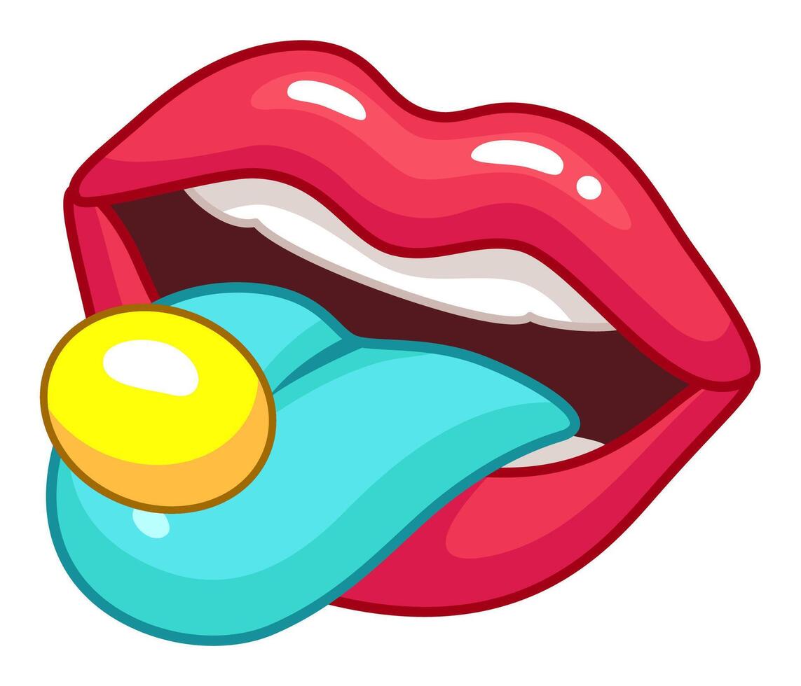 Cartoon illustration of a mouth licking a round candy with red lips, white teeth, and a blue tongue vector