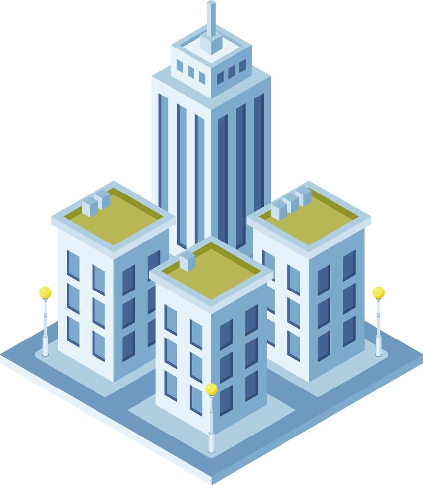 Isometric city buildings with a central skyscraper highlight urban development, infrastructure, and economic growth vector