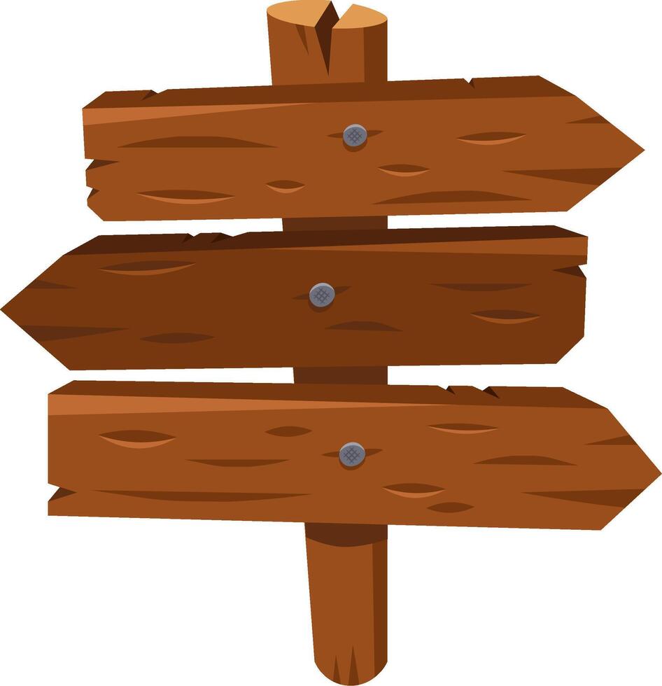 Three weathered wooden planks are nailed to a post, creating a rustic signpost with arrows pointing left, right, and forward, ready for personalized directions or messages vector