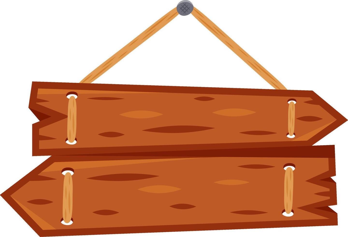 Two blank wooden arrow signs are hanging from a rope attached to a nail, creating a rustic and versatile design element vector