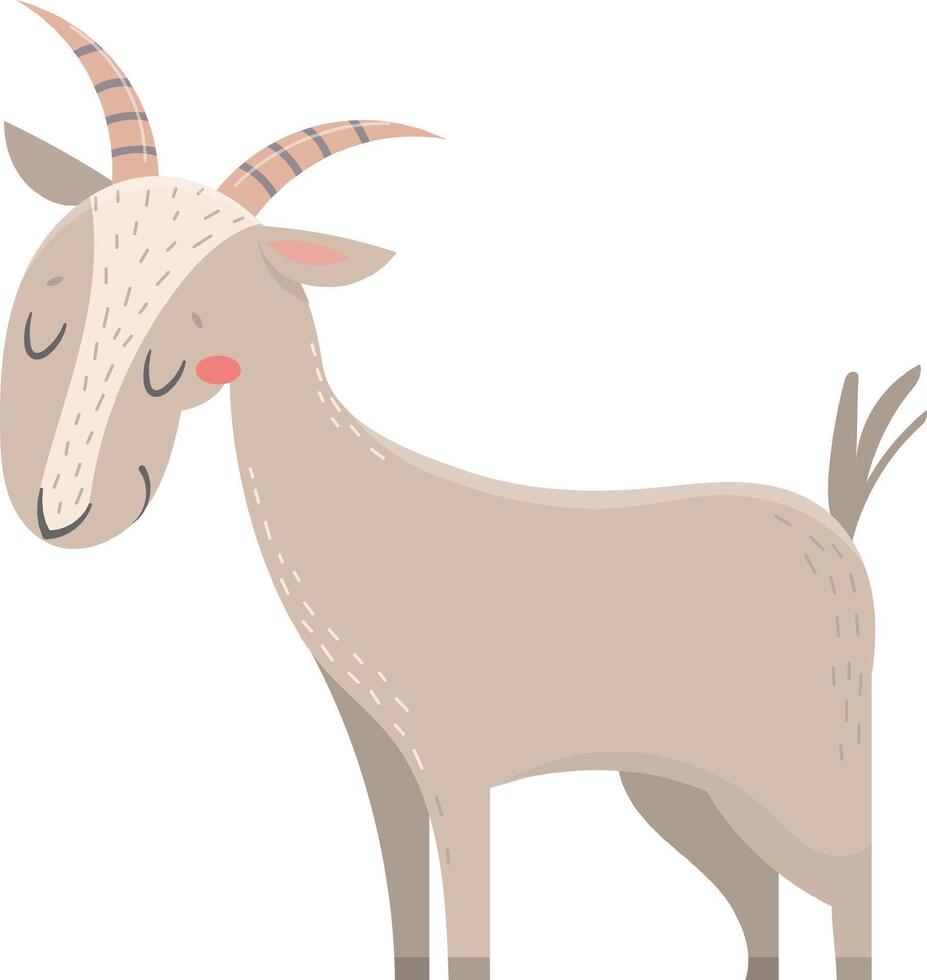 Adorable cartoon goat with striped horns and a gentle expression, standing peacefully on a white background, perfect for children's illustrations or animal themed projects vector