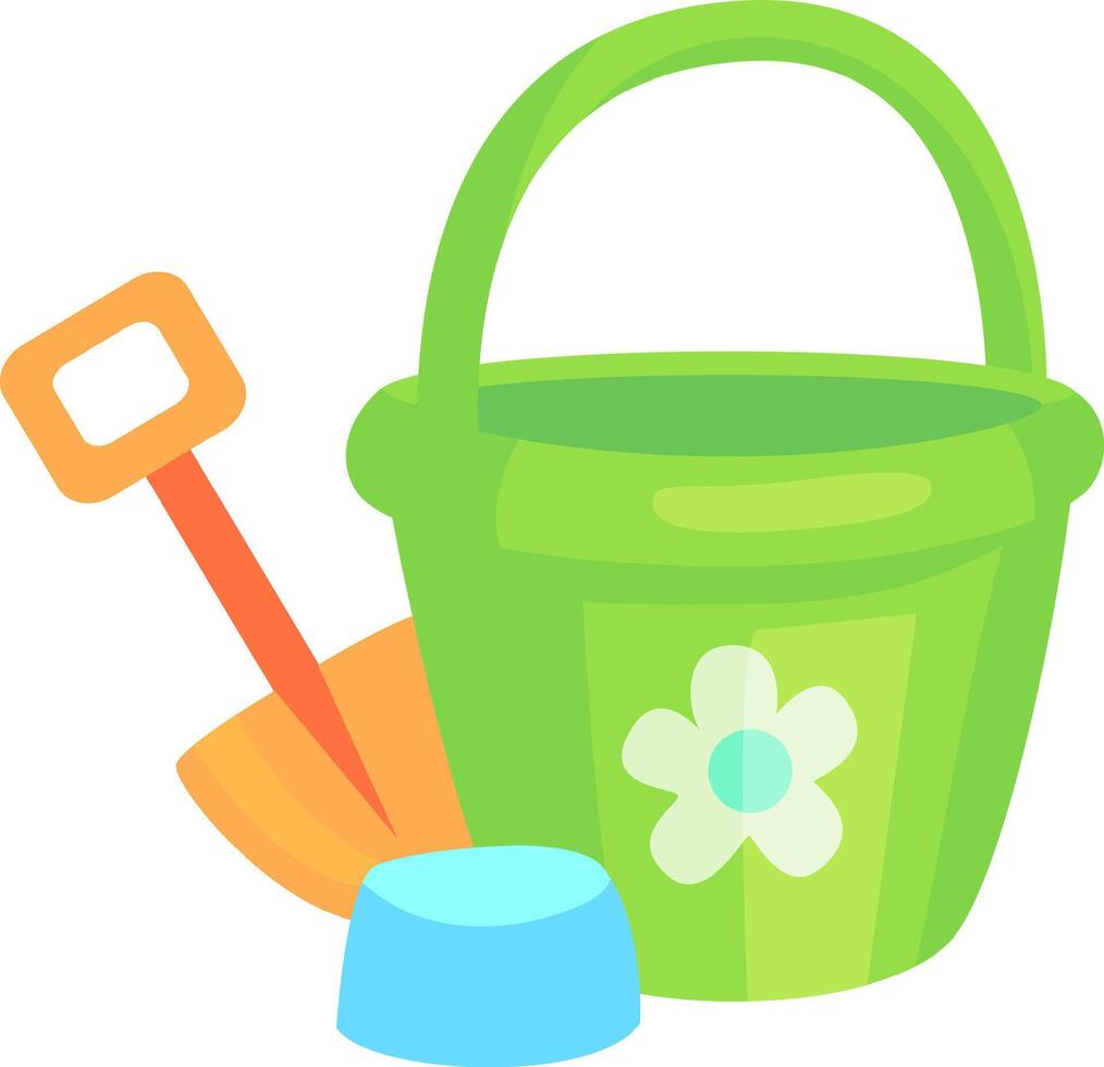 Children's beach toys consisting of a green bucket with a white flower decoration, an orange shovel and a blue sand mold are ready for building sandcastles vector