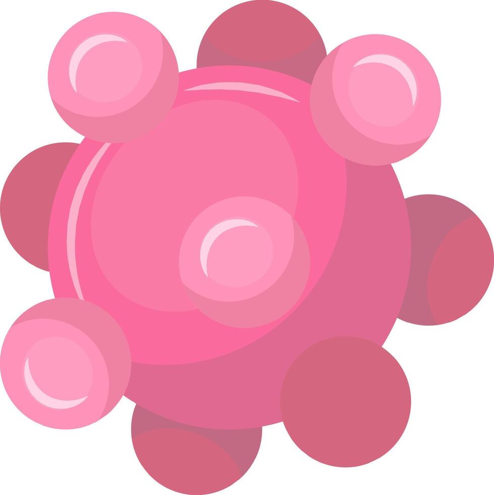 Pink virus cell with smaller circles attached around a larger central sphere representing microbial infection, illness, disease, and healthcare vector