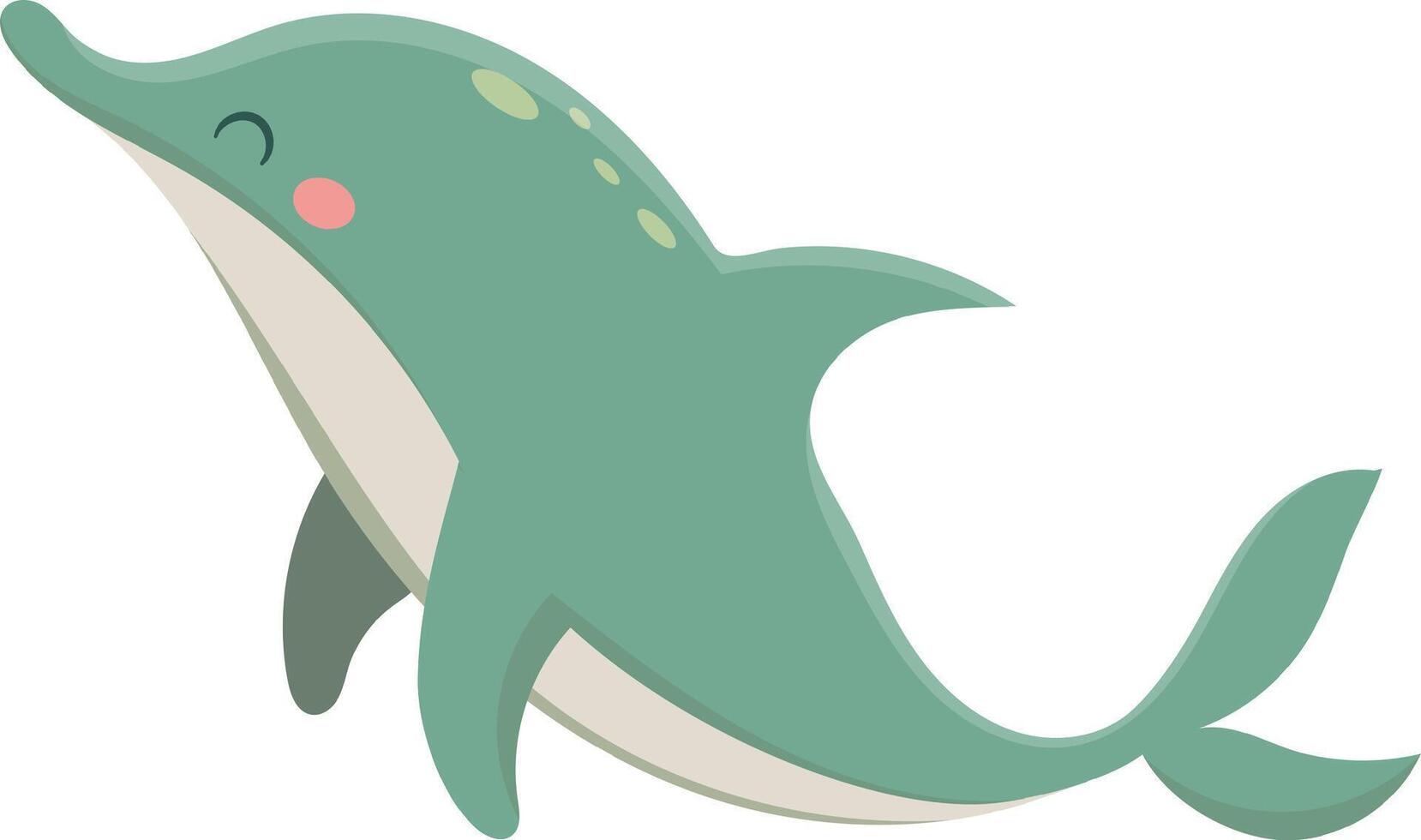 Cartoon illustration of a happy turquoise dolphin swimming underwater, showing its flippers and tail, ideal for children's books or educational materials vector
