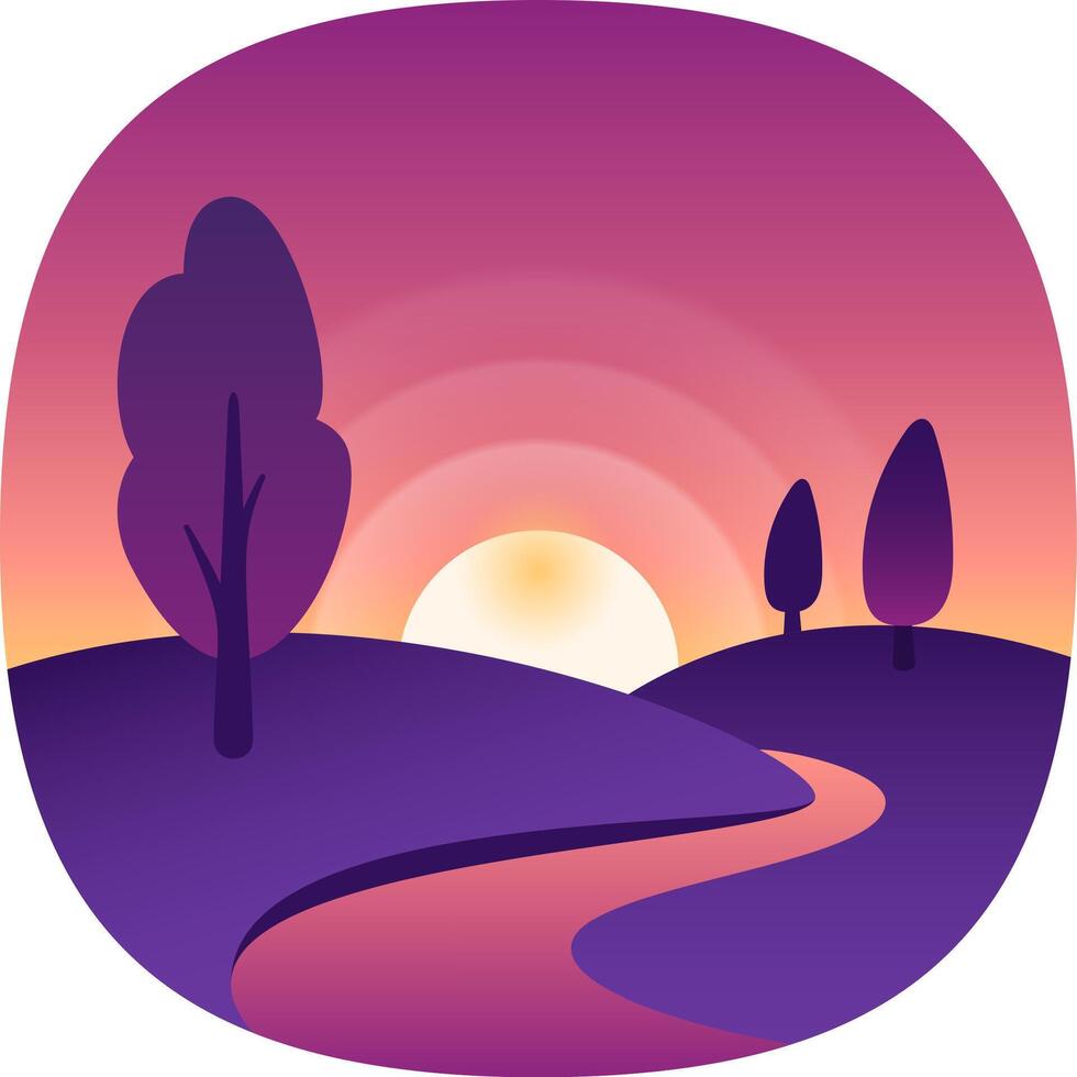 Colorful, stylized landscape shows a winding river flowing through rolling hills at sunset, with silhouetted trees in the foreground and a vibrant sky vector