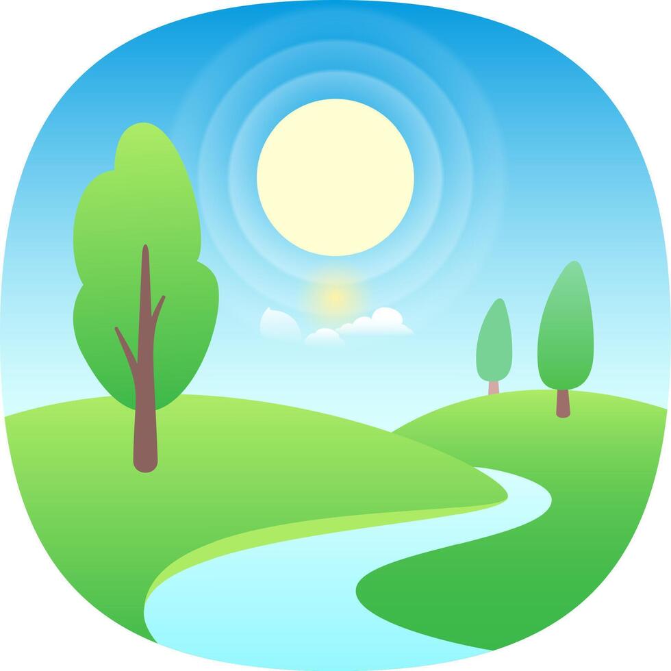 Lush green meadows and trees thrive under a bright sun, a river meandering peacefully through the idyllic countryside scene, creating a harmonious and vibrant landscape vector