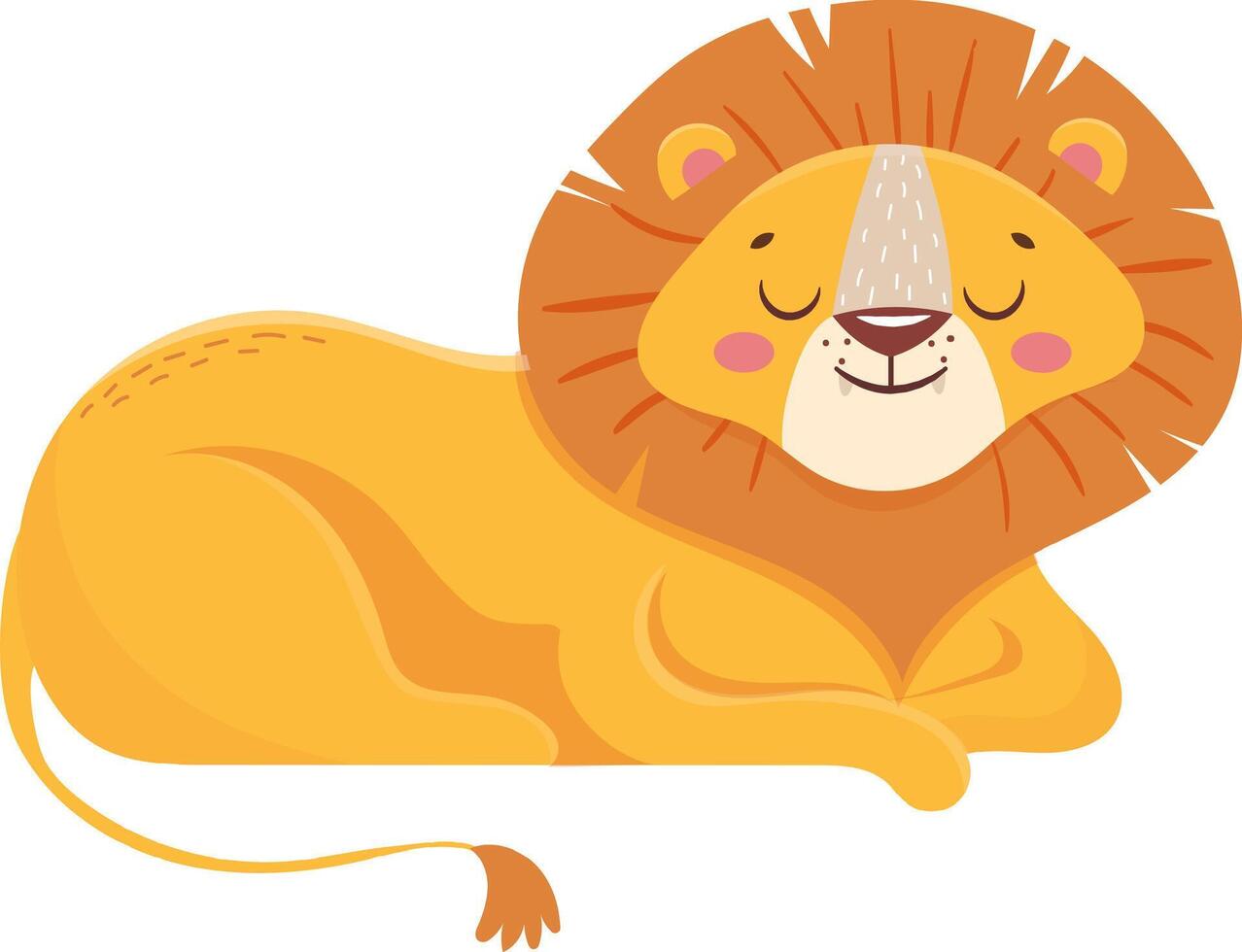 Cartoon illustration of a cute lion cub with closed eyes, lying down and resting, showcasing a peaceful moment in wildlife vector