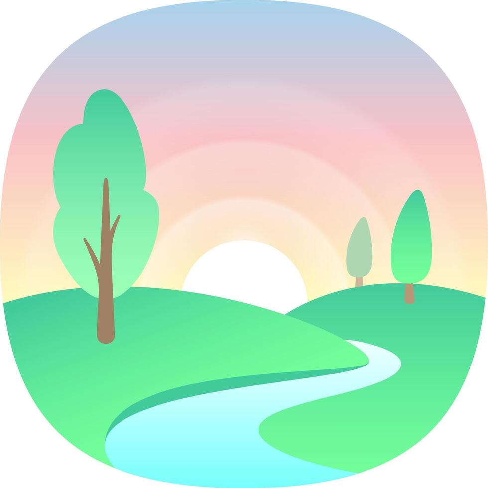 Pastel colored sunrise illuminates a tranquil landscape with stylized trees and a meandering river, creating a peaceful and idyllic scene vector