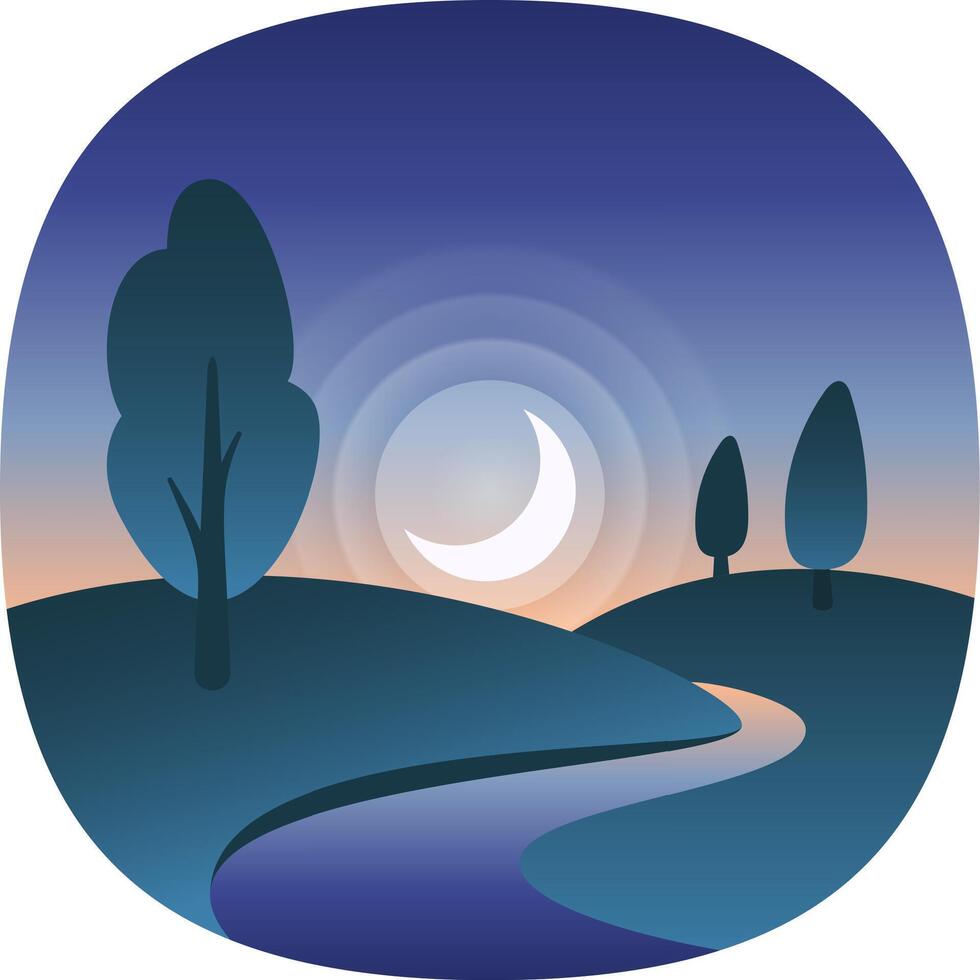 Crescent moon illuminating a tranquil landscape with a winding river, trees, and rolling hills, creating a serene twilight scene vector