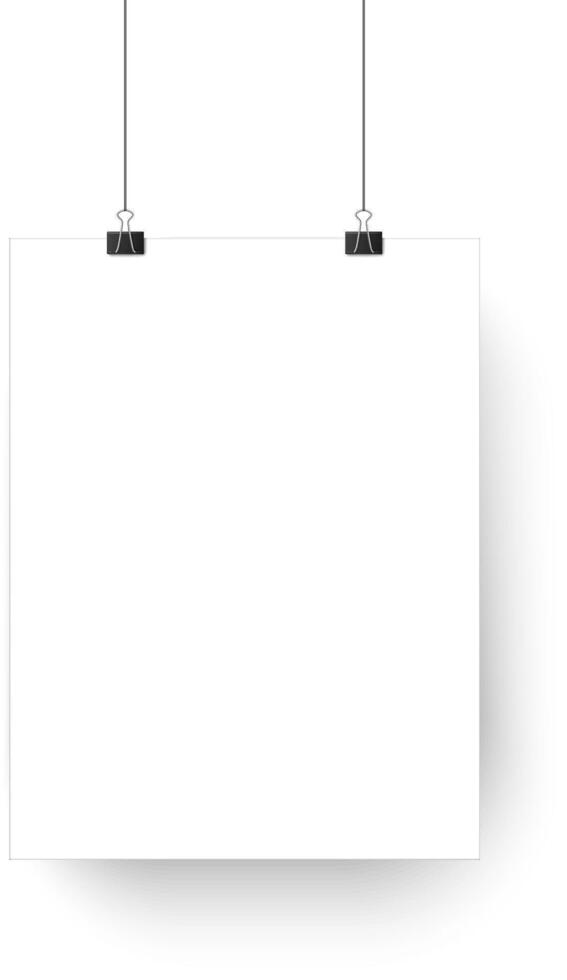 White square poster hanging on two binder clips with strings on a white background, creating a simple and elegant display for announcements or artwork vector