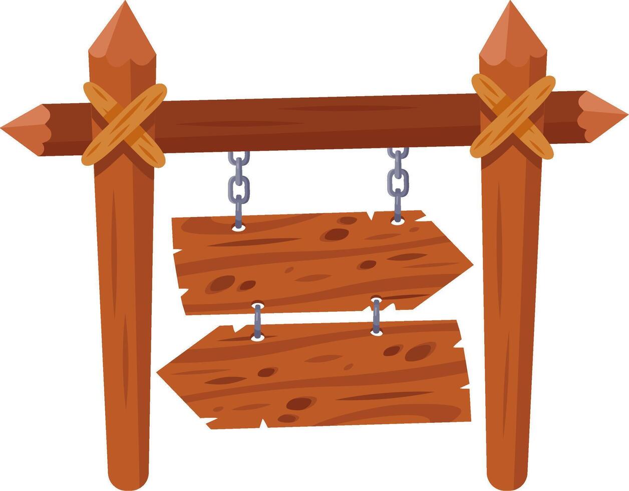Two weathered wooden arrow signs are hanging from chains attached to a sturdy wooden signpost, creating a rustic and charming wayfinding display vector