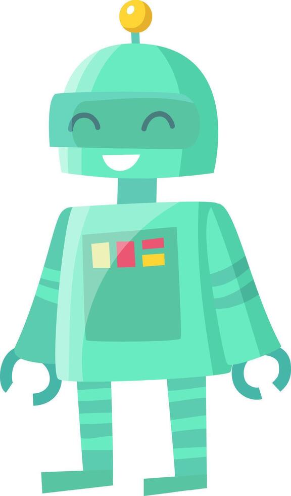 Cartoon illustration of a friendly green robot standing with an antenna on its head, smiling and looking happy, suitable for children's projects or technology related designs vector