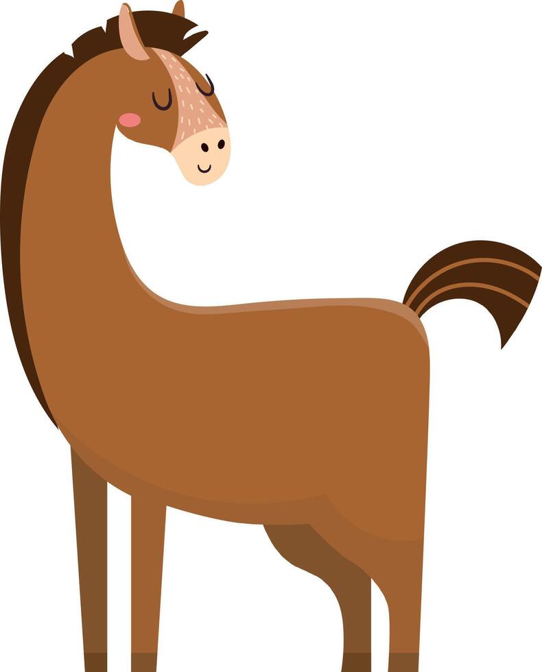 Cartoon illustration of a brown horse standing calmly with closed eyes, a smiling face, and a long, curved neck, conveying a sense of peace and happiness vector