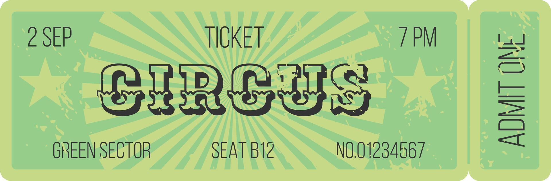 Vintage green circus ticket for the 2nd of september at 7 pm, admit one for seat b12 in the green sector, number 01234567, featuring a radial burst design vector