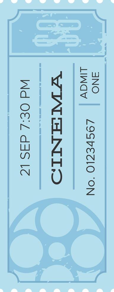 Light blue cinema ticket for a showing at 7,30 pm on 21 september with a film reel symbol, admitting one person, suggesting a nostalgic or vintage feel for moviegoing vector