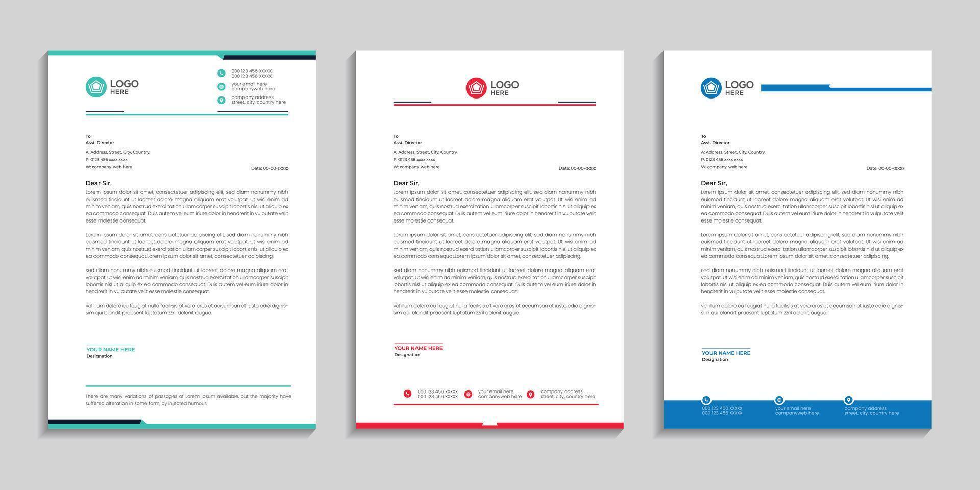 Corporate Creative Professional Modern clean company business letterhead design set with three color variation to use for any business vector