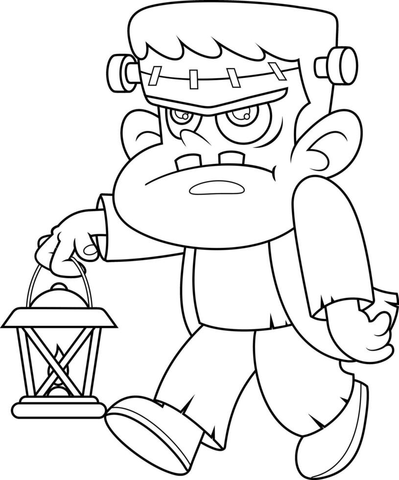 Outlined Halloween Frankenstein Cartoon Character Holding A Lit Lantern vector
