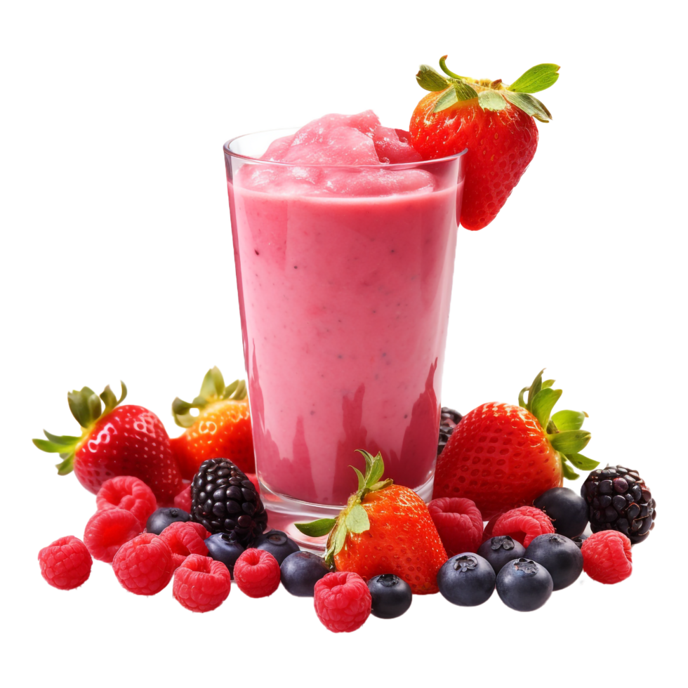 A pink smoothie with fruit and berries on it isolated on transparent background png