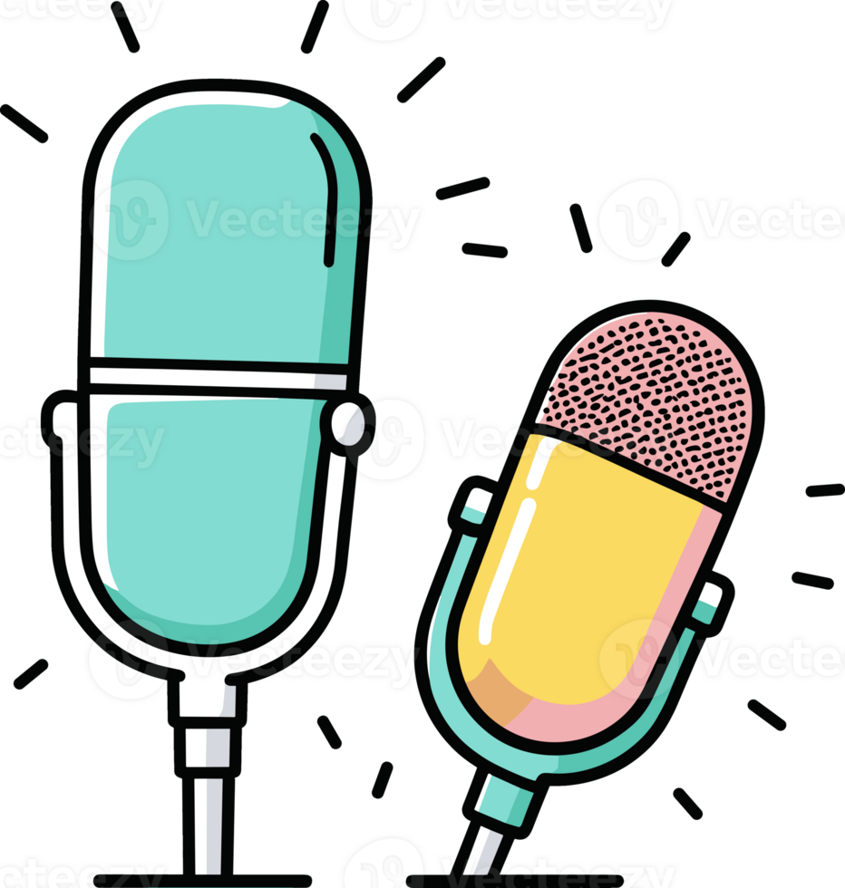 Cute microphones cartoon illustration isolated on transparent background, design element clipart for music, podcast, communication, broadcast, media, announcement, electronic device, entertainment png
