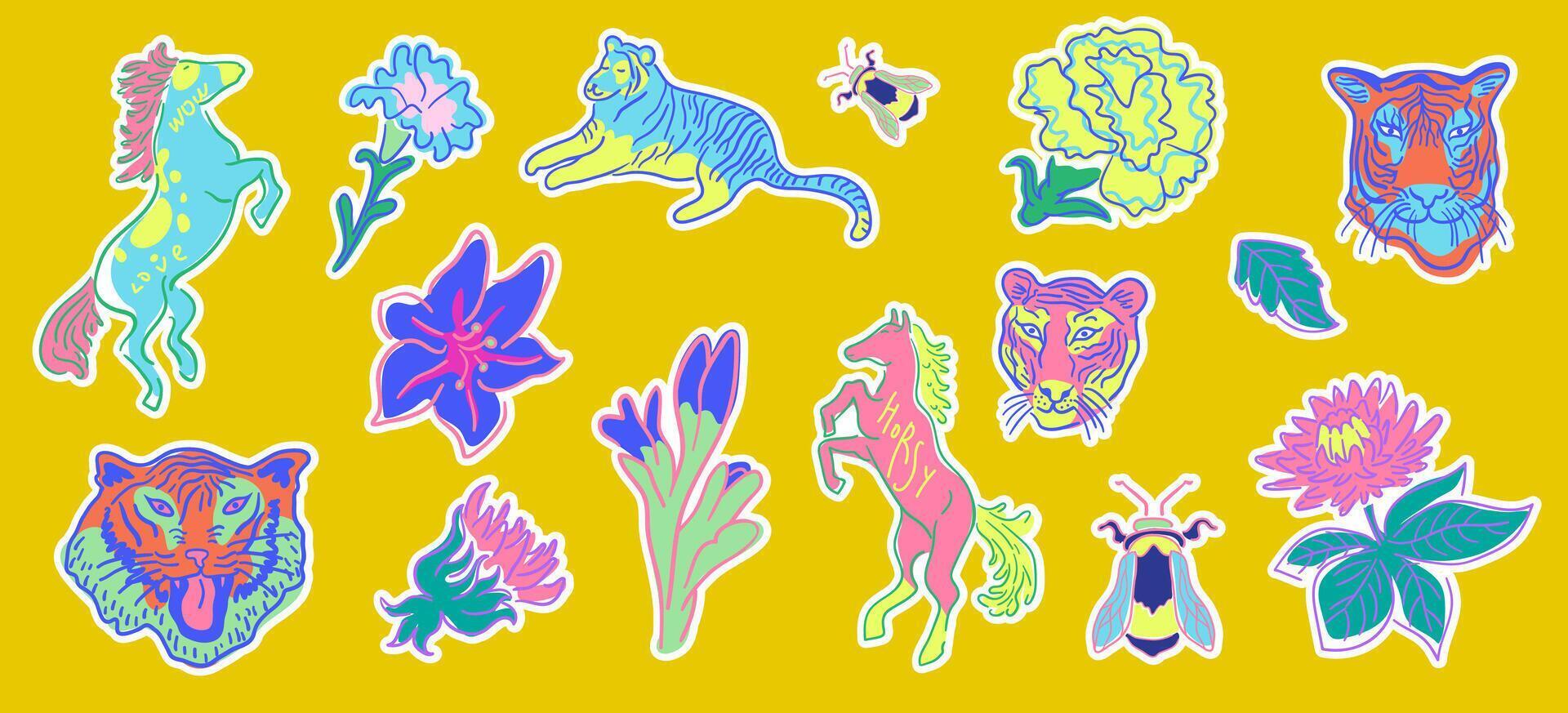 sticker set with animals and flowers vector