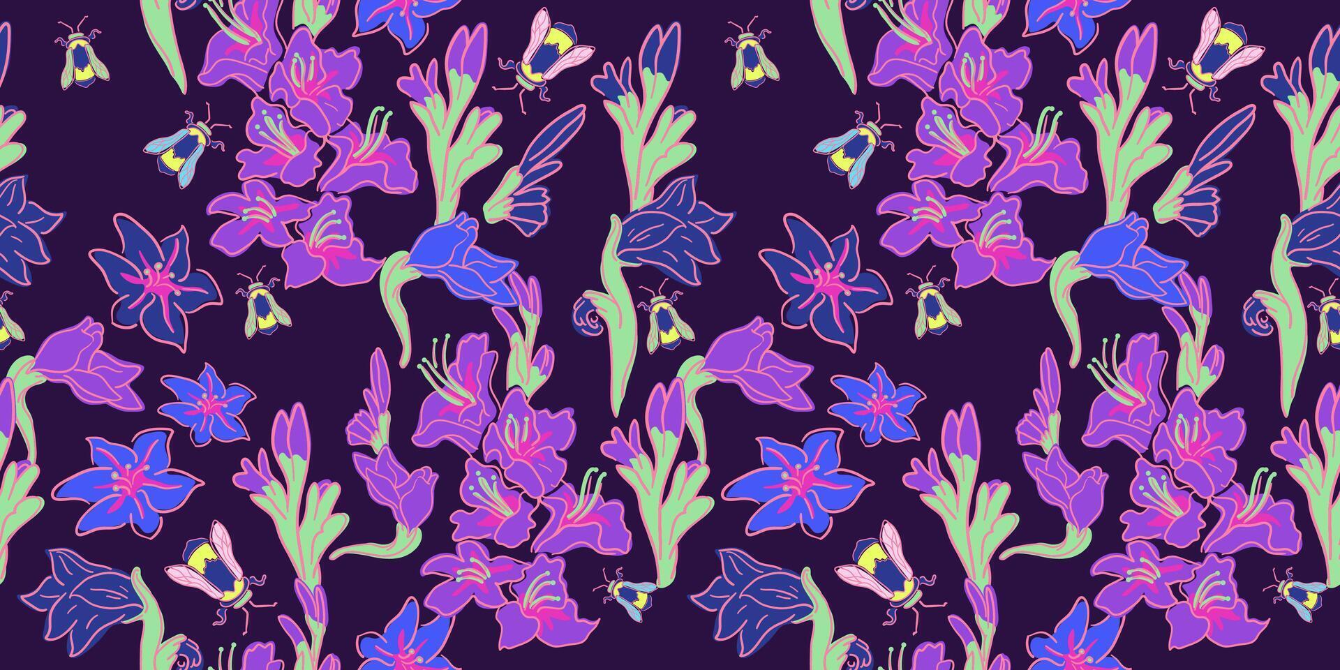 seamless pattern with violet gladiolus on dark background vector