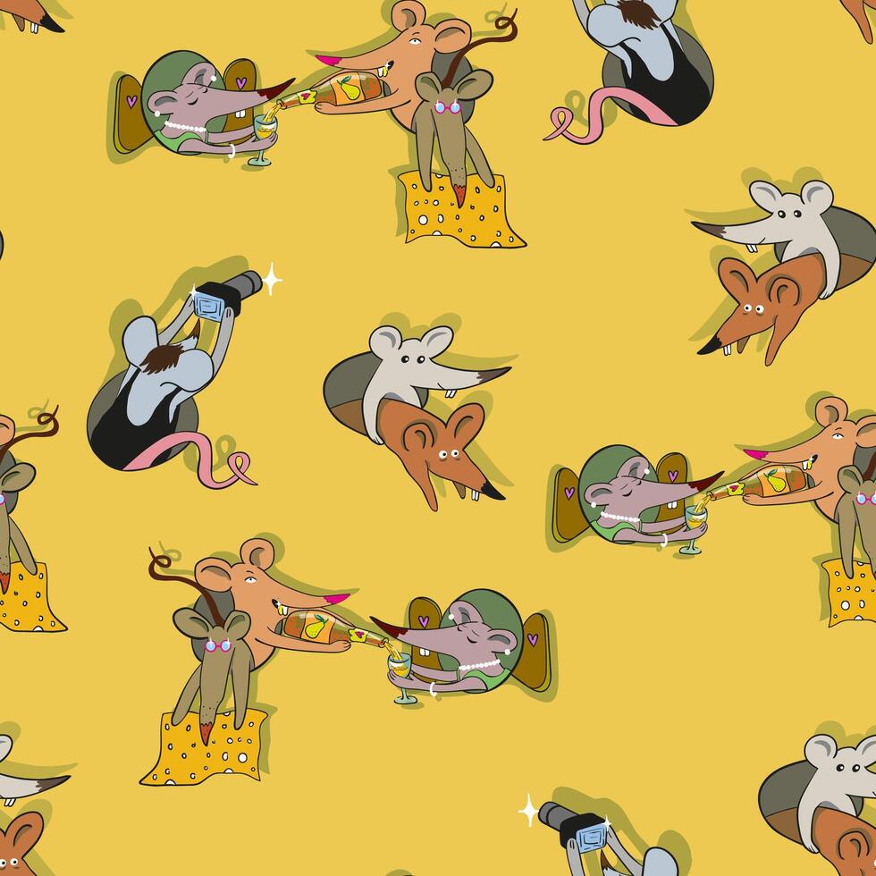 seamless pattern with cute mice in cheese house vector