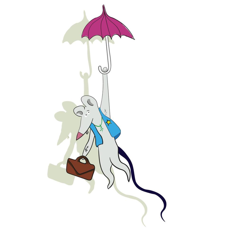 cute mouse flying with umbrella in cartoon style vector