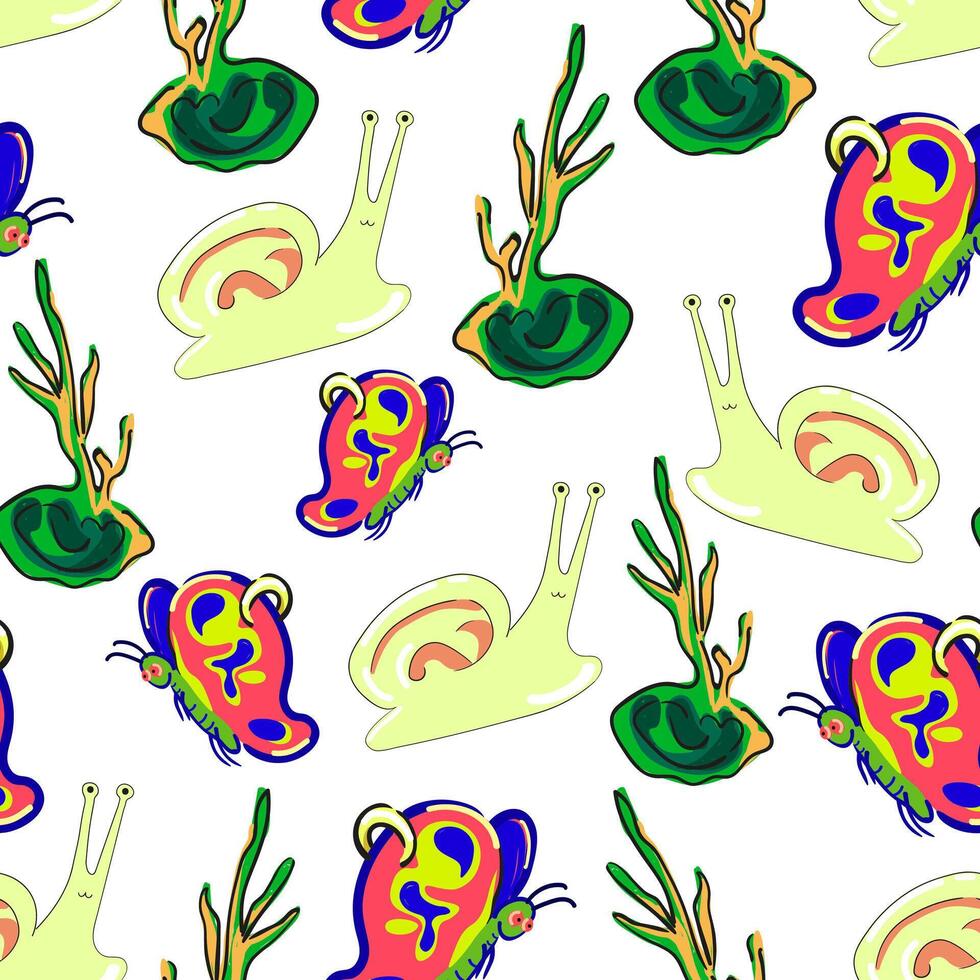 seamless pattern with snail butterfly and onion in human ear shape vector
