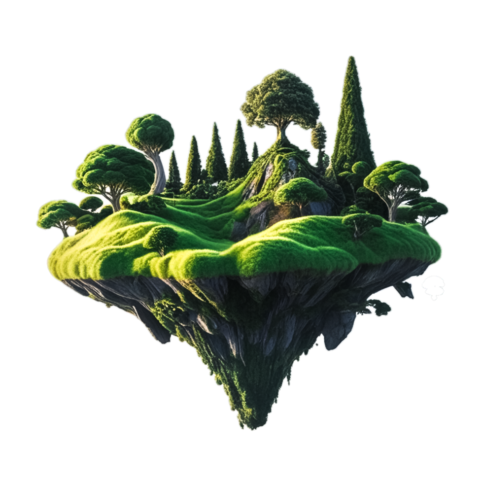 Flying paradise rock fantasy floating island with mountains, trees, and green grass png