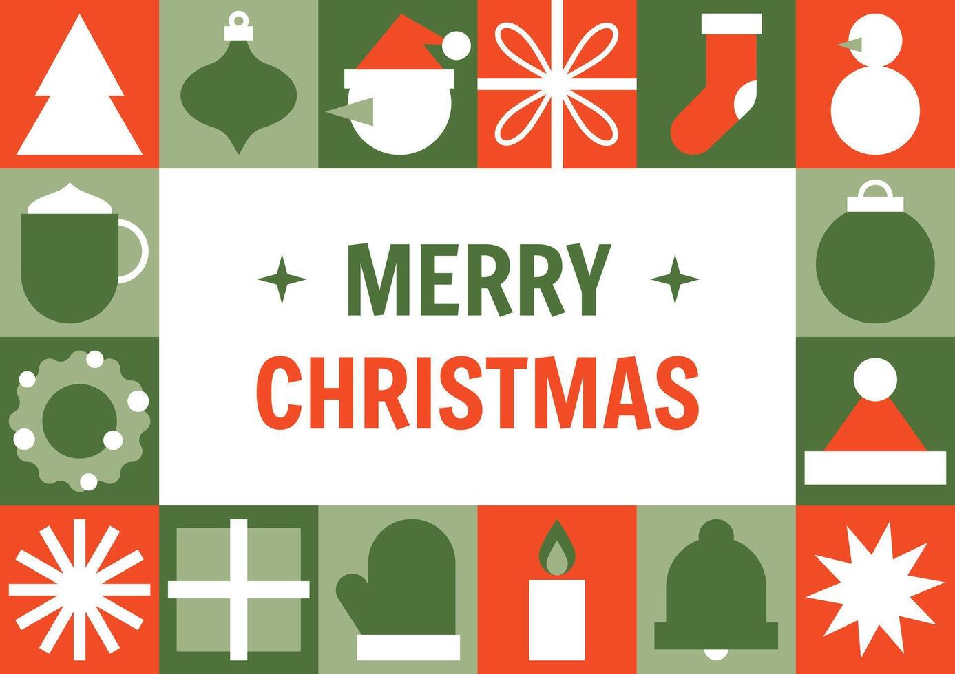 Merry Christmas geometrical card, horizontal a4 flat poster. Minimalist geometric modern style. Xmas background, holiday winter elements. For banner, invitation, greeting postcard vector
