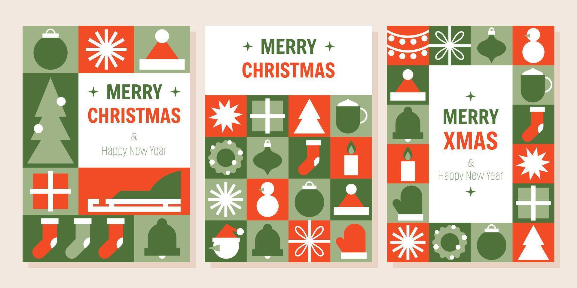 Merry Christmas and Happy New Year cards set, vertical a4 flat poster. Minimalist geometric modern style. Xmas background, holiday winter elements. For invitation, greeting card vector